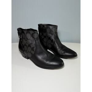 Coach Logo Deni Black Leather Canvas Booties Boots size 6 B Zip Closure Read